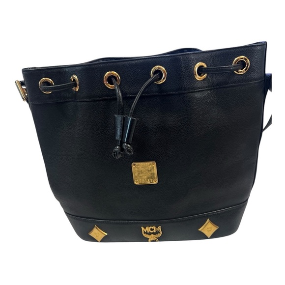 MCM EUC Vintage Drawstring Bucket Bag Black Gold Hardware Leather Crossbody - Picture 7 of 16